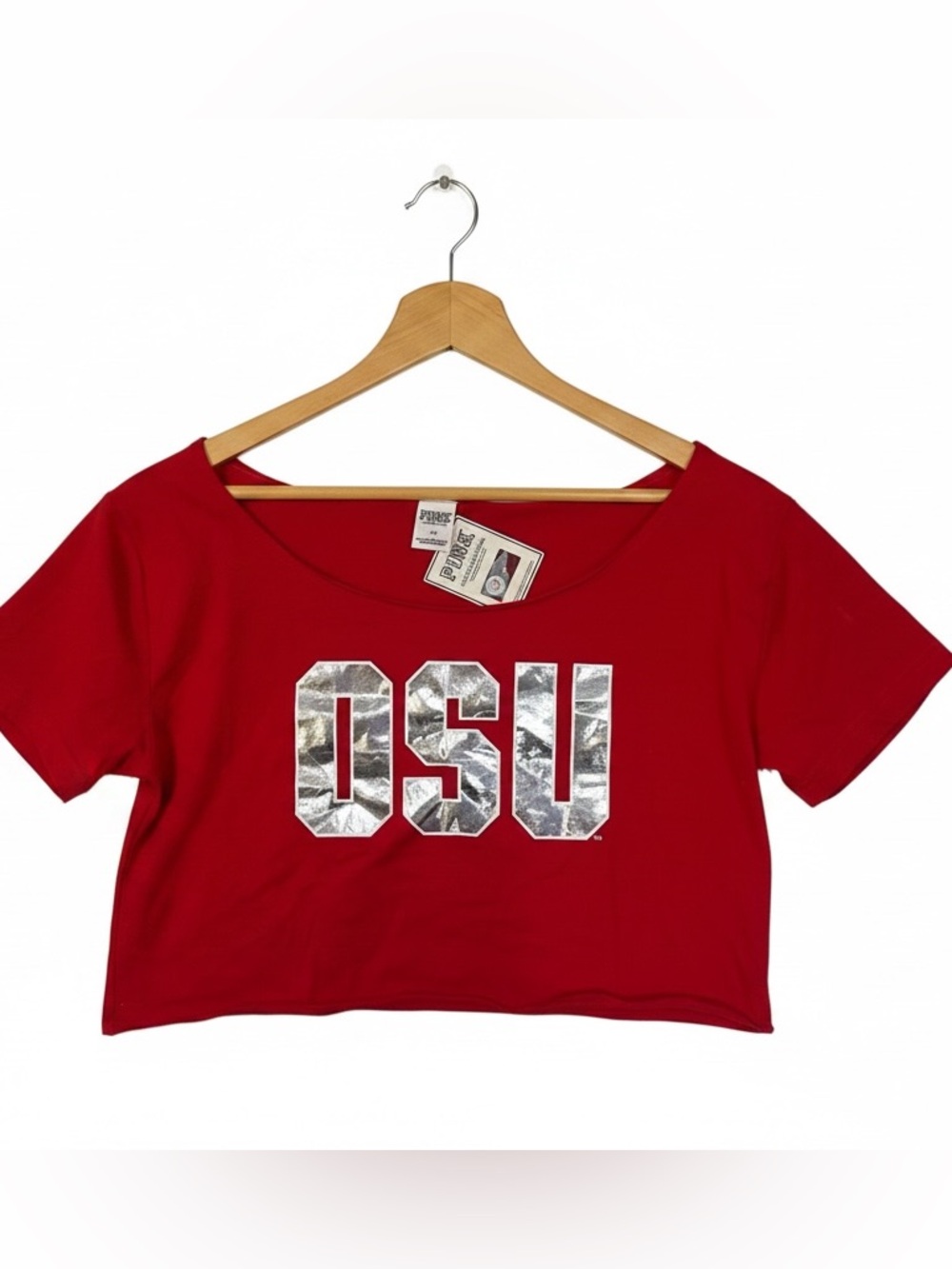 PINK Victoria's Secret Red Cropped Tee with Silver OSU Logo